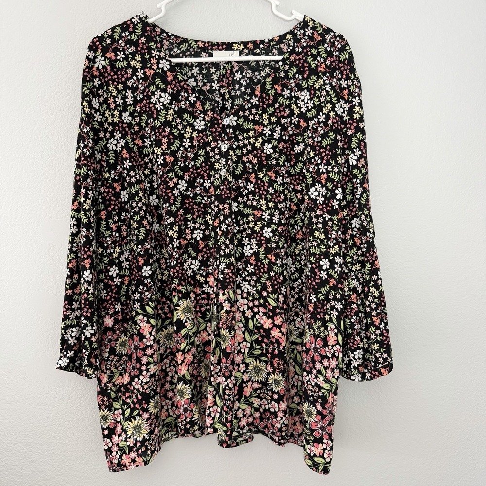 J. Jill  Size-XL Womens Top Boho Floral Blouse Henley Button Front Pleated Rayon